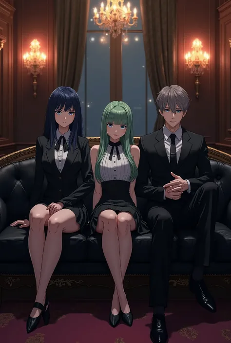 High angle sharp anime photo sitting on a black sofa in a luxurious mansion with a backdrop of a royal mansion with beautiful decorative lights, 1st woman with gray eyes, dark blue rubber hair wearing a skirt 2nd woman long hair, light green, blue eyes, we...