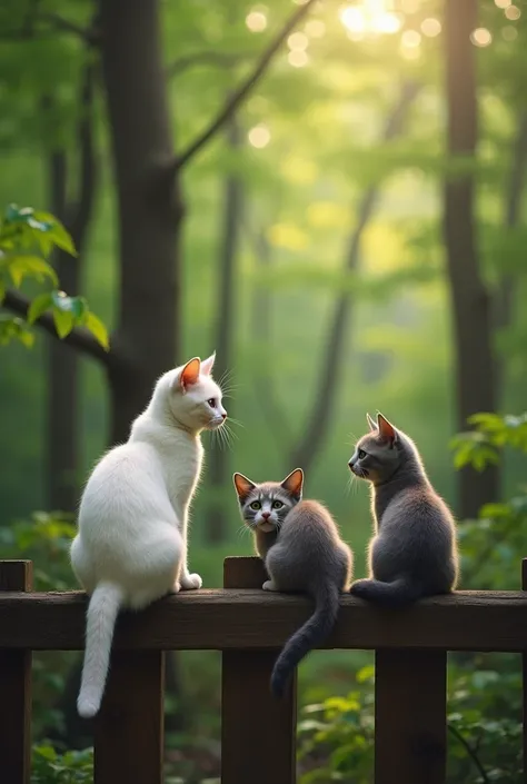  behind them the lush forest trees appear {x} three cats sitting on a wooden fence near the forest. " pearl "  The white  " gray " Pixel lies down, and "Troublemaker"  jumps on the fence. .  looks curiously, .