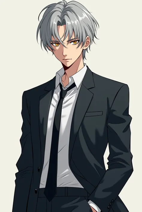 Handsome manhwa man gray hair light gold eyes with school uniform (blazer shirts and tie) full body pose like model