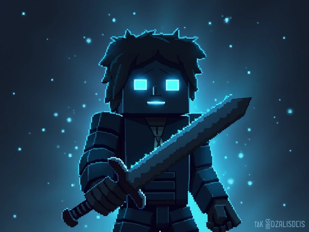 There is an image in pixels, digital art inspired by Dan Content , tumblr, Conceptual art, Minecraft, Profile Picture 1024px, En Minecraft, Minecraft ,  bioluminescent skin !, a skin , detailed face not blurry , al estilo de Minecraft, Character with sword...