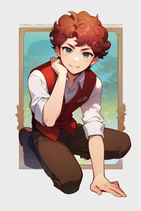 Picture the full body of a young man with short curly red hair and impressive green eyes, wearing a red waistcoat and brown pants with slightly freckles