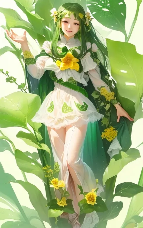 Ghibli Design， The girl personification of a cucumber ，Has green curved cucumber hair and green eyes， with yellow flowers on the head ， The clothes on the body are the leaves of the cucumber 、Flowers、vine、Cucumber section 組合成，裙子是Cucumber section 的形狀， decor...