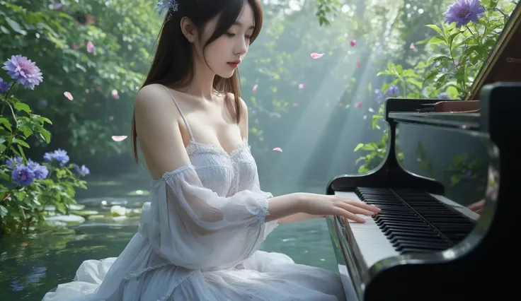 Create a picture of a beautiful Chinese woman exposing her breasts with big breasts, playing the piano an eyes are watching piano ,watery background, trees and flowers