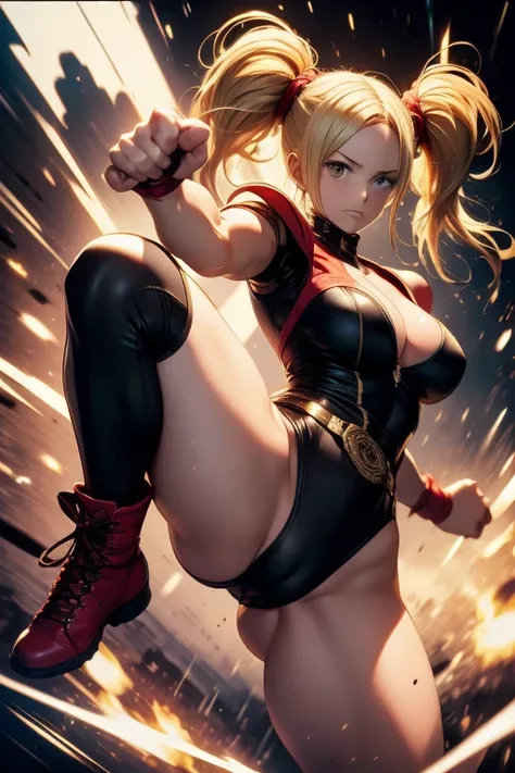 Camy street fighter, big tits, one piece swimsuit green tight, army boots black, beret red, robot leg, knee up, blonde hair, toned, 2 braided pigtails down, kick boxer fighting stance, hand wraps red, cameltoe,