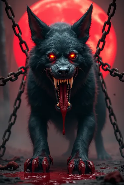 A big black dog, with red eyes and affiliated fangs, With blood in the mouth and feet,  tied with chains in hell, Red Moon behind  