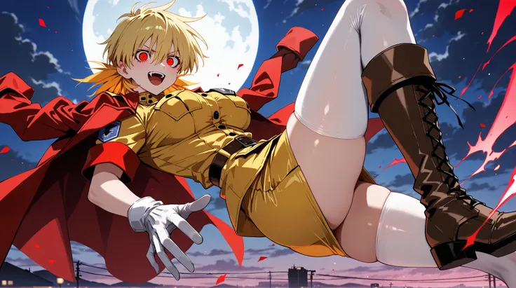 masterpiece, best quality, 8k, high resolution, amazing quality, 1girl, Seras victoria Hellsing, short blonde hair, red eyes, rage, vampire, tight yellow uniform, long white stockings, thigh-high brown boots, ultra-detailed, intricate details 