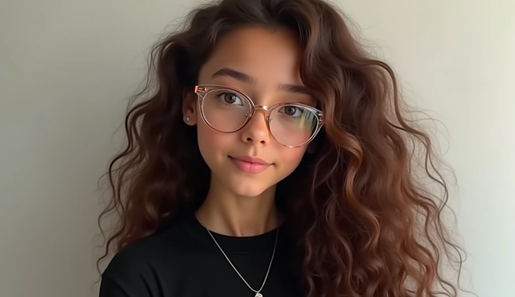 Picture of one with long curly brown hair, with a black blouse and wearing transparent glasses 