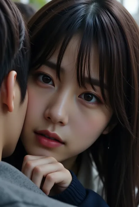  Ultra-realistic , Realistic,  Dramatic Scene , shadow, Full-area lighting,  a young Japanese woman，medium long hair，Bangs，THERE ARE MANY PEDESTRIANS AROUND，movie shot， face resting on male protagonist's chest，cry，Wearing spring clothes ，Side close-up came...