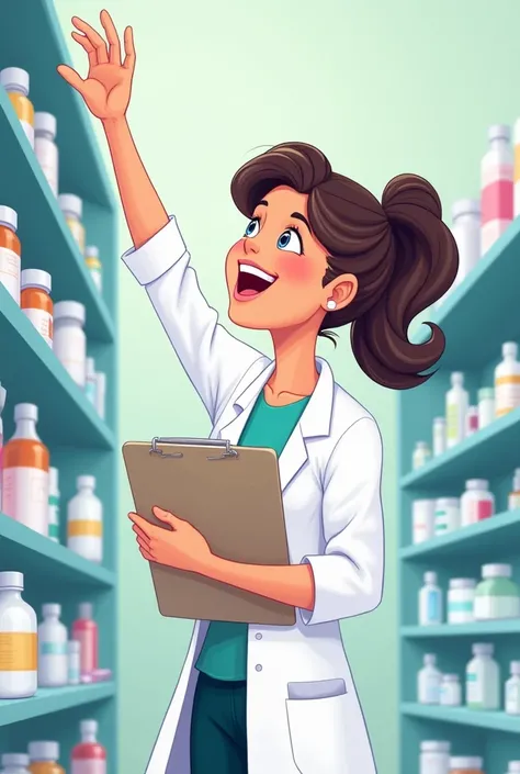 Girl pharmact student reaching out something on the top, make it it side view and whole body and make it cartoon