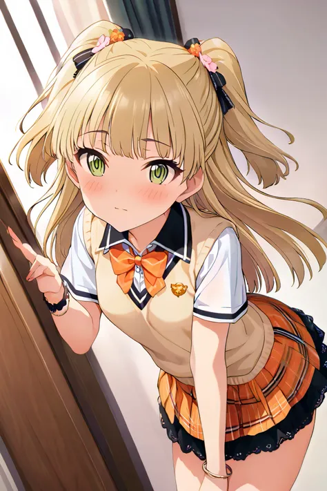 NSFW,masterpiece, best quality, high resolution, very detailed,Rika Jogasaki、Petite、 long hair、 blonde hair、 two side up、bangs、 hair ornament、 green eyes、 small breasts, hair tie 、uniform、clavicle、neck ribbon、 collar shirt、 sweater vest、Short sleeve、 brace...
