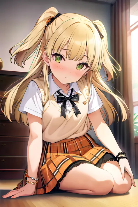 NSFW,masterpiece, best quality, high resolution, very detailed,Rika Jogasaki、Petite、 long hair、 blonde hair、 two side up、bangs、 hair ornament、 green eyes、 small breasts, hair tie 、uniform、clavicle、neck ribbon、 collar shirt、 sweater vest、Short sleeve、 brace...
