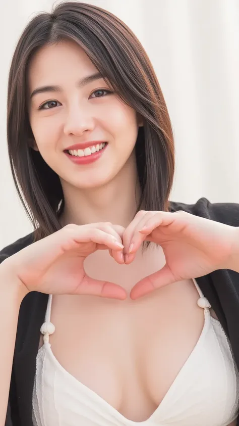 She wears a camisole and poses with her hands in the shape of a heart in front of her chest、 Cute Smile Up、  The background is plain、  HD、HD in every detail