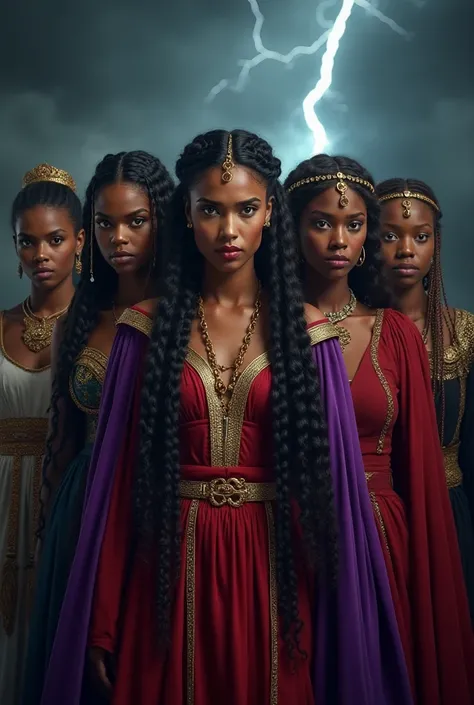 Generate a professional UHD thumbnail image featuring the Five Most Dangerous Women in the Bible with a dramatic and intense composition:

Frontline: Jezebel (medium-brown-skinned, mid-30s, piercing eyes, braided hair adorned with gold beads, wearing regal...