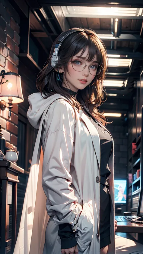  tea hair .  wearing white raincoat、 wearing large headphones - earpiece or surround、 Room of Darkness 、Neon Cyberpunk at night 、 beautiful woman wearing curly hair and sunglasses 