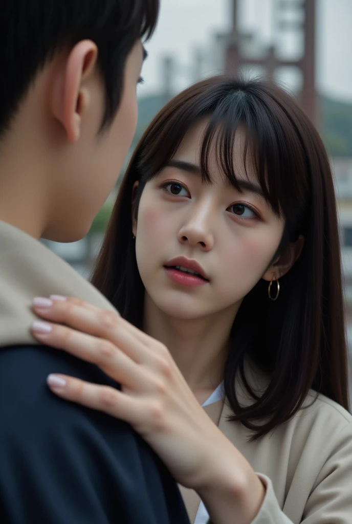  Ultra-realistic , Realistic,  Dramatic Scene , shadow, Full-area lighting,  a young Japanese woman ，medium long hair，Bangs，movie shot， face resting on male protagonist's chest，cry，Wearing spring clothes ，Side close-up camera ， real person，Under the Nagoya...