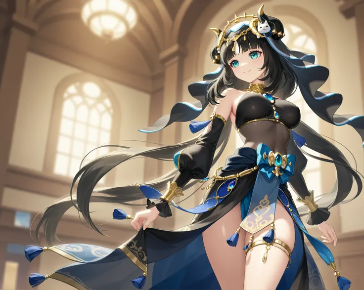  Nilou、 high resolution、 Super Fine、 beautiful breasts 、、 whole body、 ,  happy、 Fox hair ornament、 Genshin Impact 、 beautiful thighs、Scarlet、Black Hair、 standing picture、Black clothes