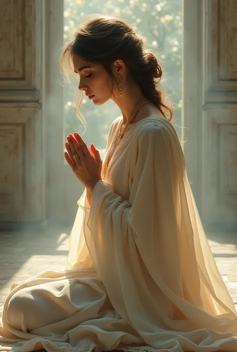 Beautiful lady wearing gown and kneeling down in praying