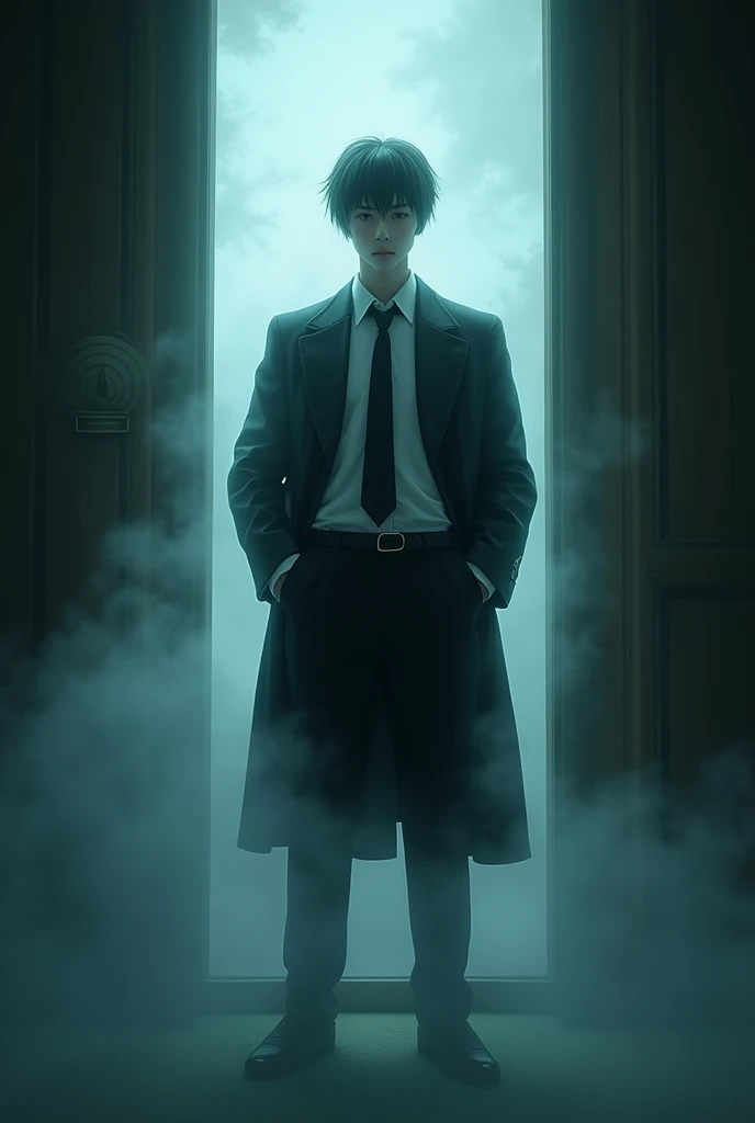 Image of an adult male ghost gentleman in formal civilian attire wearing ghost specter in the shape of a person in mists standing at a door reclining with black hair looking serene and relaxed, calm, with his hands in his pants pockets looking at one from ...