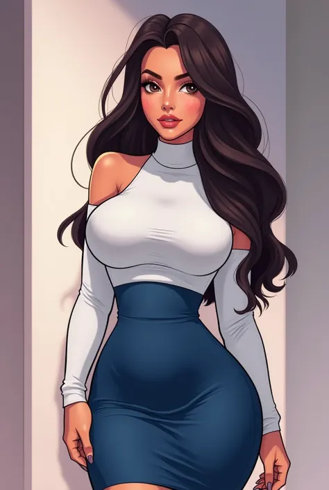 Anime, Create a captivating image of a curvy, thick woman with a model-like physique. She has big boobs and Hips. Her features are strikingly beautiful, with high cheekbones, full lips, and piercing, almond-shaped eyes. She has smooth, glowing skin and a c...