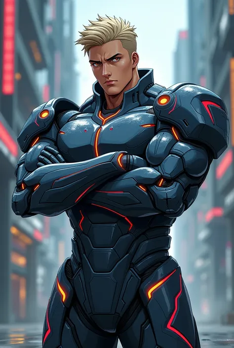 Create a 2D anime-style men's futuristic armor design with arms crossed in front and side 