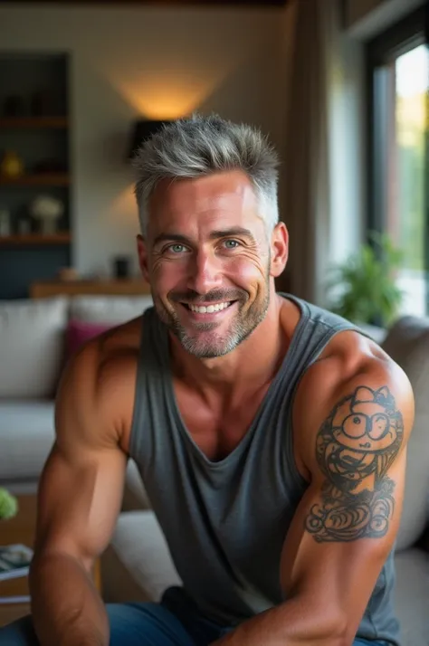  Realistic photograph of a handsome muscular man , rubio,  with blue eyes and short, pointed light gray hair showing a Hello Kitty tattoo smiling sweetly on his arm, in an aesthetic living room , hdr+