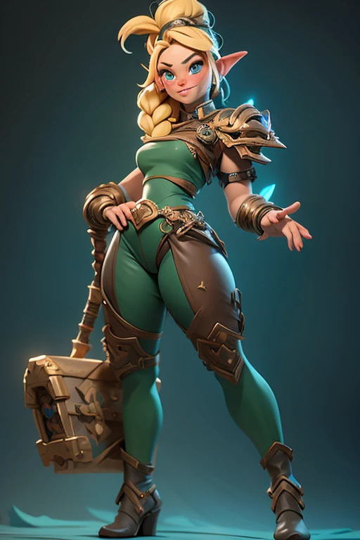 Female fantasy halfling, short stature, stocky build, freckles, long blonde hair, braids, large blue eyes, wide hips, thick thighs, green leather, shoulder armor, leg armor, keytar, dancing pose, tall boots, full body shot, on tavern stage, surounded by ma...