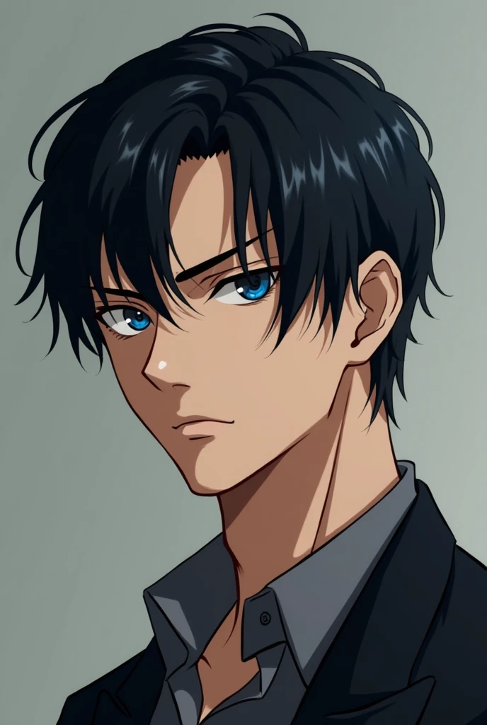 handsome man,  straight black hair , blue eyes, sharp eyes , agers, anime picture 