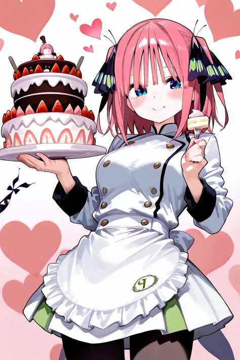   1 girl,   Nino Nakano ,Pastry chef , uniform,smile,   blush,For those of you who love you, Holding sweets,   gap, pantyhose,   heart background , (  skid :1.2), Cake shop,  