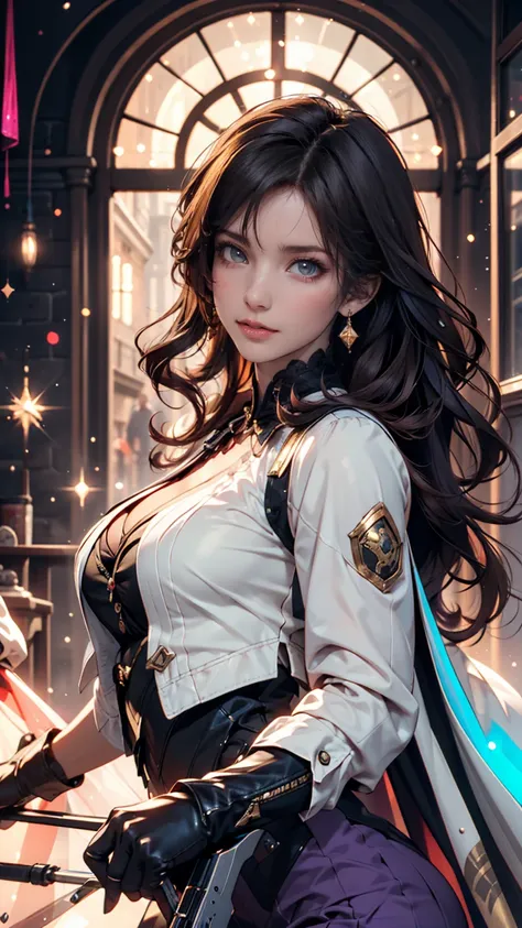 Pretty girl with brown skin ,  Black and White,  wavy purple hair  [ dark shade ],  golden eyes (Sparkling),  Ultra Realistic Eyes ,   neon lights and pistols  ,  jumping , Sniper Equipment,  Valoran Triot game, Round face,   Realistic Lights  ,  radiosity...