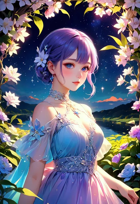 👩💖💖💖best quality、8k、 high resolution、masterpiece,　 starry sky 、 one girl standing in line alone、 Moonlight and shining starlight、 Her face is of the highest quality 、 Close Your Eyes and Smile、She is wearing an elegant dress、 flowing 、and fantastic 、Giving...