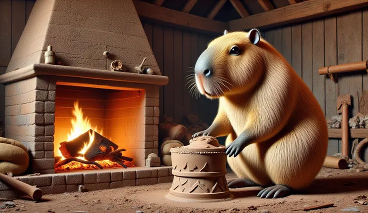 Surreal photo of father Capybara looking big and calm, using clay to create a large fireplace, his skillful hands, the warm fire flickering inside. wooden shed scene