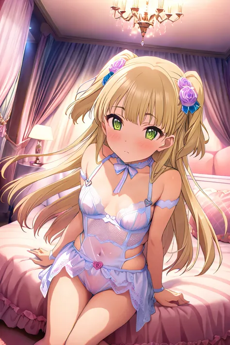 NSFW,masterpiece, best quality, high resolution, very detailed,Rika Jogasaki、Petite、 long hair、 blonde hair、 two side up、bangs、 hair ornament、 green eyes、 small breasts,A large collection of 5 girls with different vibes in fine lace lingerie , Night Love H...