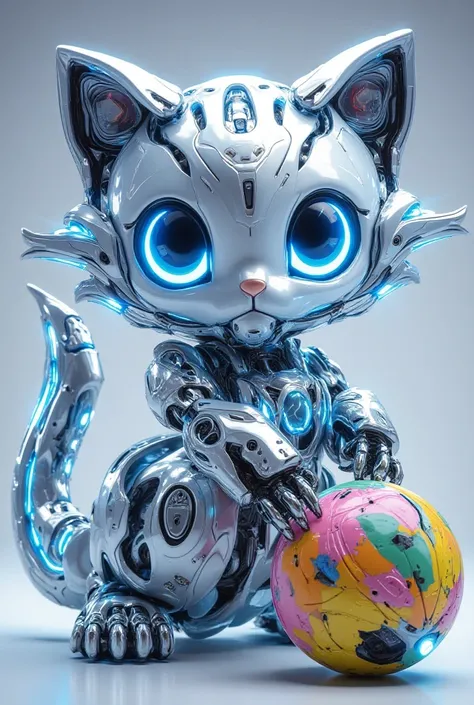  A silver-colored mechanical cat with glowing blue accents , cute-shaped with big blue glowing eyes .  The cat is hitting a colorful ball with its paws ,  surrounded by a clean and bright futuristic backdrop .  The ball looks like a high-tech toy with a sm...