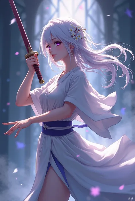 An anime girl with a blade that cuts through demons with beautiful long white hair and gentle purple eyes wearing a mini kimono