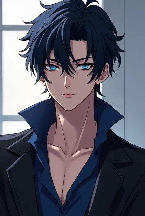 handsome man,  dark hair, blue eyes, sharp eyes , anime picture, white skin, Bad boy