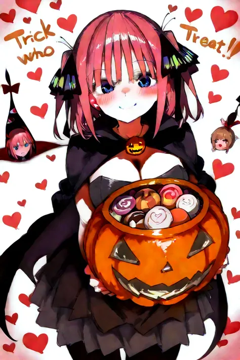   1 girl,   Nino Nakano , halloween costume,smile,   blush,For those of you who love you, Holding sweets,   gap, pantyhose,   heart background , (  skid :1.2),  trick or treat in front of the house   