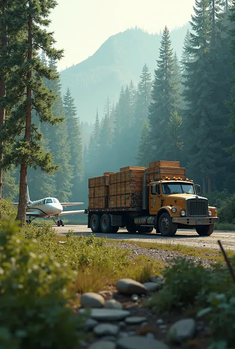 A truck loaded with boxes next to a small plane. The setting is an airstrip in the woods.