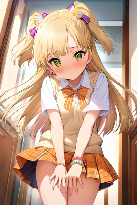 NSFW,masterpiece, best quality, high resolution, very detailed,Rika Jogasaki、Petite、 long hair、 blonde hair、 two side up、bangs、 hair ornament、 green eyes、 small breasts, hair tie 、uniform、clavicle、neck ribbon、 collar shirt、 sweater vest、Short sleeve、 brace...