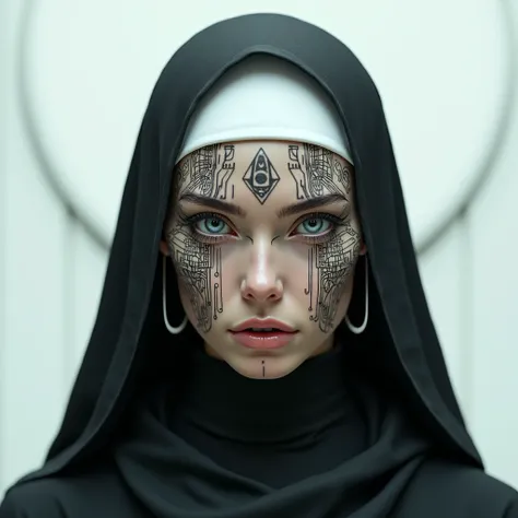 portrait of a futuristic nun, face tattoos