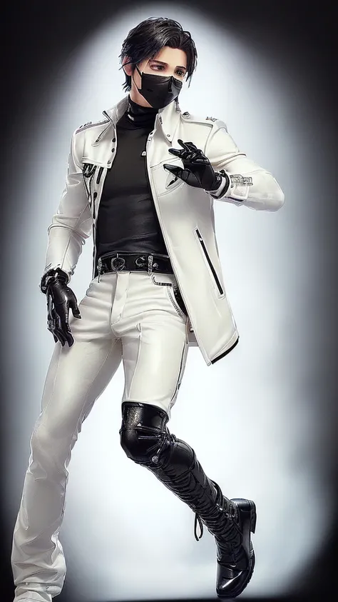 ((Final fantasy taste and reality graphics)), (((Japanese young cute and cool ikemen  boy))), his age is early 20s, thin eyebrows and beady eyes,  (((((he wearing very thick and heavy cream white color leather, single-brest and double zipper jacket))))),,(...