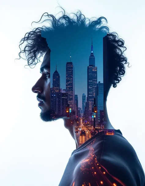 Innovative double exposure artwork depicting a South Asian  man, side shot, full of bustling New York at night, Blue and purple tones, Ultra high resolution 32K, White background , Curly Hair, 
