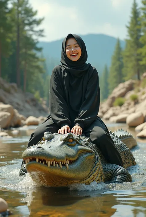 a beautiful korean girl. wearing muslim clothes. size XL. riding a big crocodile. while laughing. with a background of a dry river and many large rocks. and green trees. and rocks ai art. realistic art. cyberpunk art