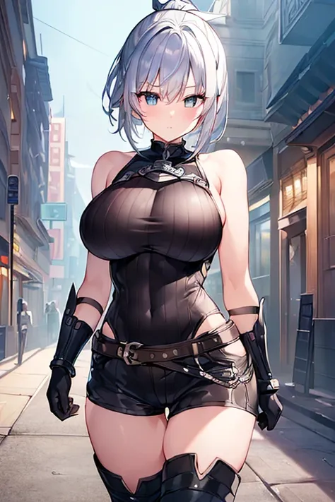 (4K、masterpiece、 best quality、 high definition、Detailed light、Detailed Shadows、detailed design)、 1 girl、 Silver Hair、 short hair、 ponytail、(  black combat suit  )、 shorts、 Long Boots 、 gloves、  Shoulder Bear 、 big breasts、Big Breasts、( his chest is exposed...