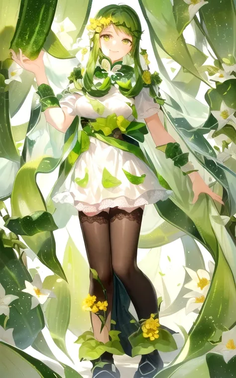 bare skin， The girl personification of a cucumber ，Has green curved cucumber hair and green eyes， with yellow flowers on the head ， The clothes on the body are the leaves of the cucumber 、Flowers、vine、Cucumber section 組合成，裙子是Cucumber section 的形狀， decorated...