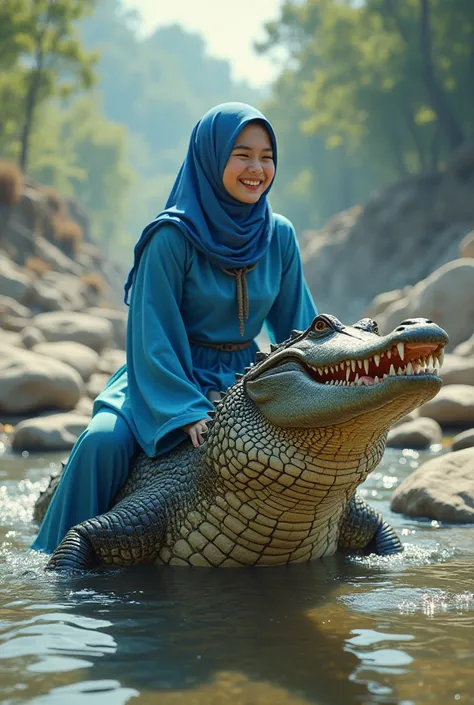 a beautiful Korean girl. wearing a blue Muslim dress. XL body size. riding a big crocodile. while laughing. with a background of a dry river and many large rocks. and green trees. and rocks ai art. realistic art. cyberpunk art