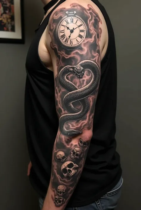 A full sleeve tattoo for the arm with a shadowy texture. It must have two snakes, one of them is in pain wwhile the other one is attacking it. It also must have some smoke in the background aswell as a dark clock with latin numbers and finally some skulls