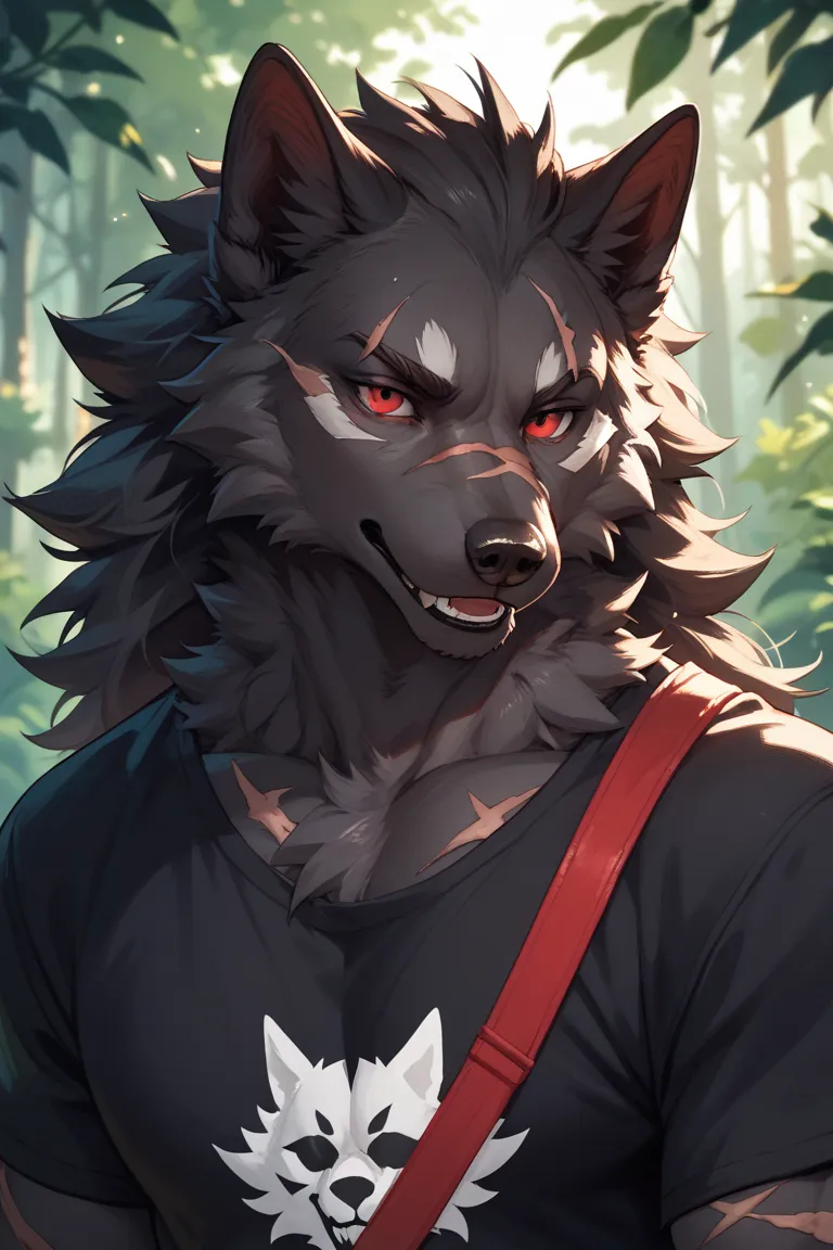 An anthro wolf with a Black and Dark black fur with red eyes and scars along his arms and chest and face wearing a black t-shirt and black in a Forest