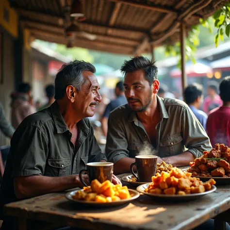 A weathered, middle-aged man, his face etched with stories of travel and life, stands beside Lionel Messi, the Argentinian soccer superstar, in a bustling Indonesian village food stall.  Sunlight, dappled through woven bamboo slats, illuminates the scene, ...