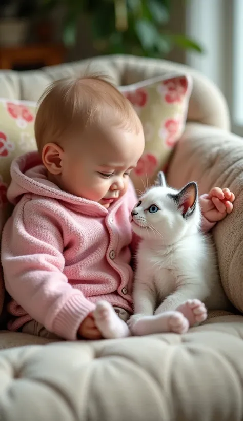  a baby with a pink knitted coat next to it has a white kitten ,  one eye of the kitten is blue the other green  .  The baby is sitting in a beige plush armchair with colorful cushions matching the decor.  Observation, I WANT a close up image  , where the ...