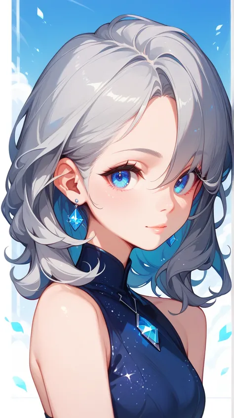  1 girl in the best, solo,  high resolution,  shortcuts, blue eyes, Gray Hair,Clear hair , high definition, smiles,  glitter effect ,  Beautiful Girl, Sleeveless Shirt , miniskirt, Beautiful Girl